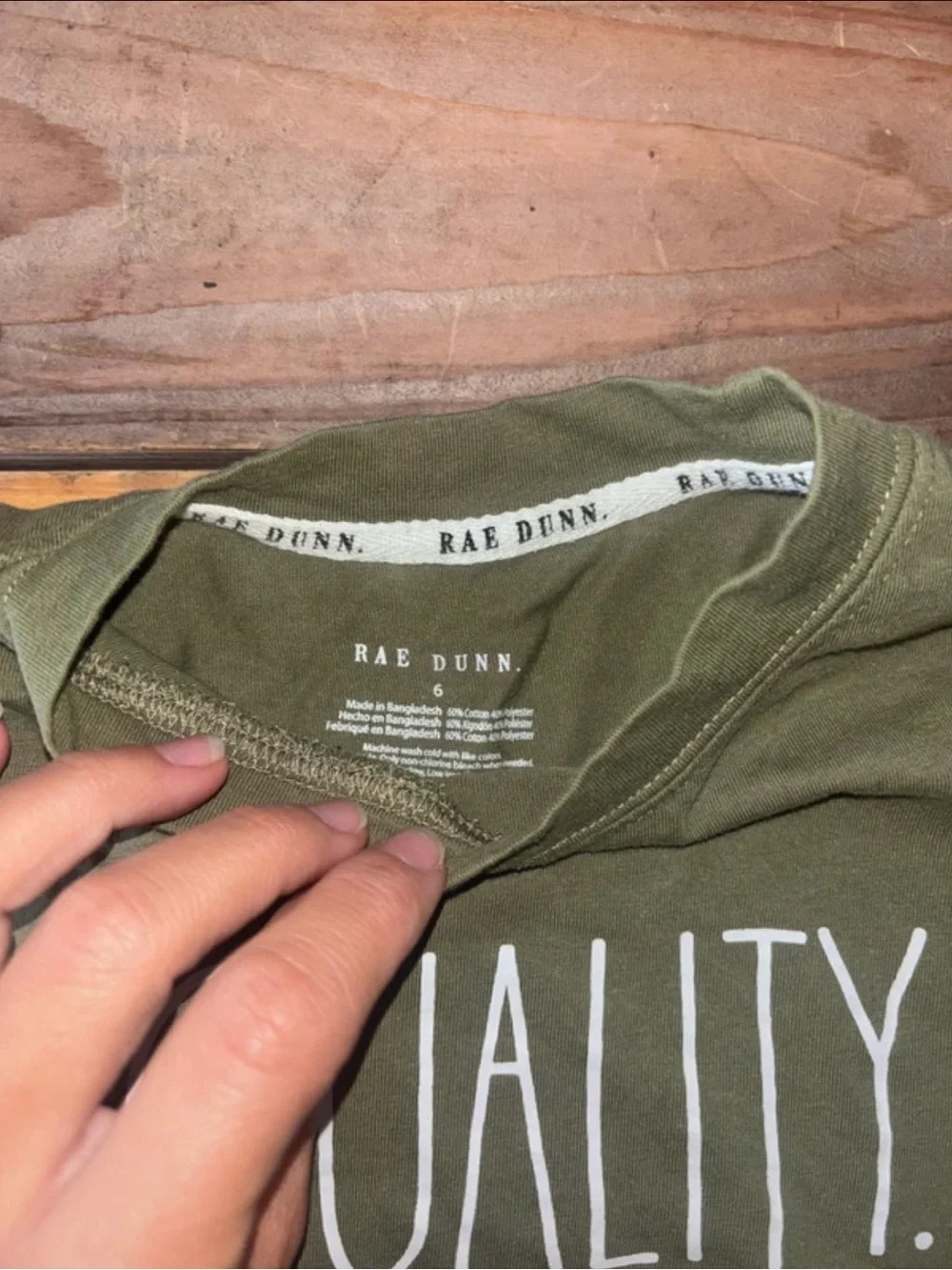 Rae Dunn Olive Green Kids Tee with WHITE 